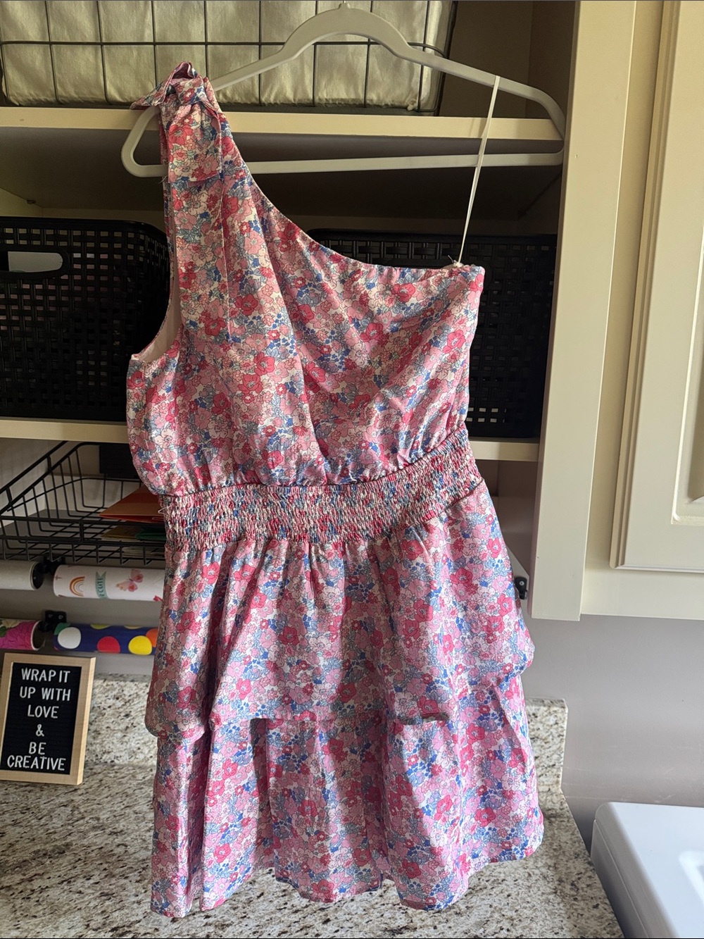 One-Shoulder Pink Floral Mini Dress with Smocked Waist